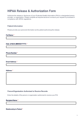 HIPAA Release / Authorization Form preview