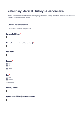 Veterinary Medical History Form preview