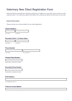 Veterinary New Client Registration Form preview