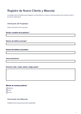 Veterinary New Client Registration Form (Spanish) preview