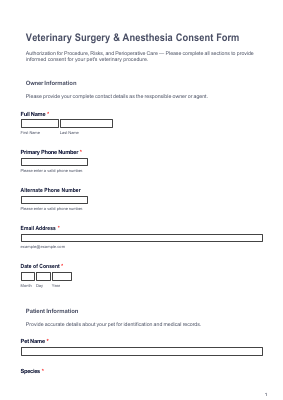 Veterinary Surgery & Anesthesia Consent preview